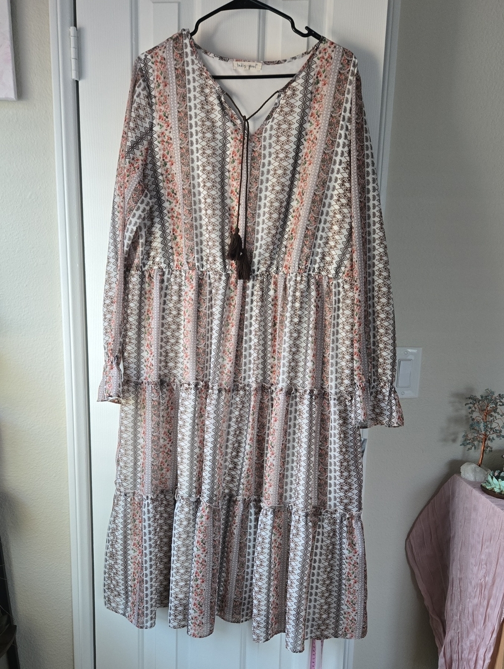 indigo soul Boho Tiered Long Sleeve Maxi Dress in Beige and Brown